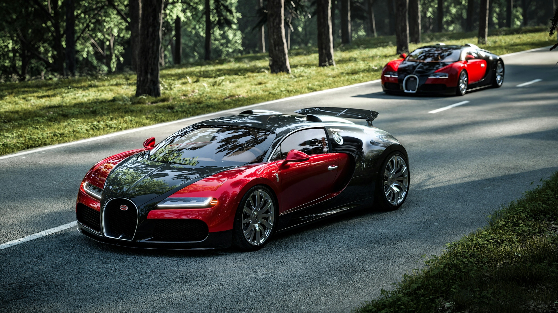 Bugatti Veyron driving on a quiet country road lined with tall trees, pictured from the front