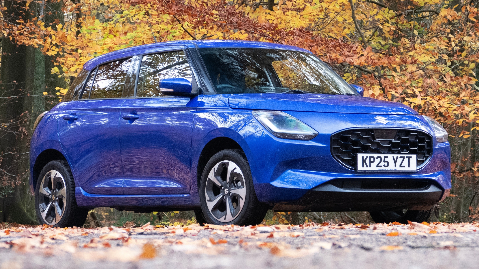 Suzuki Swift packed on a leafy road.